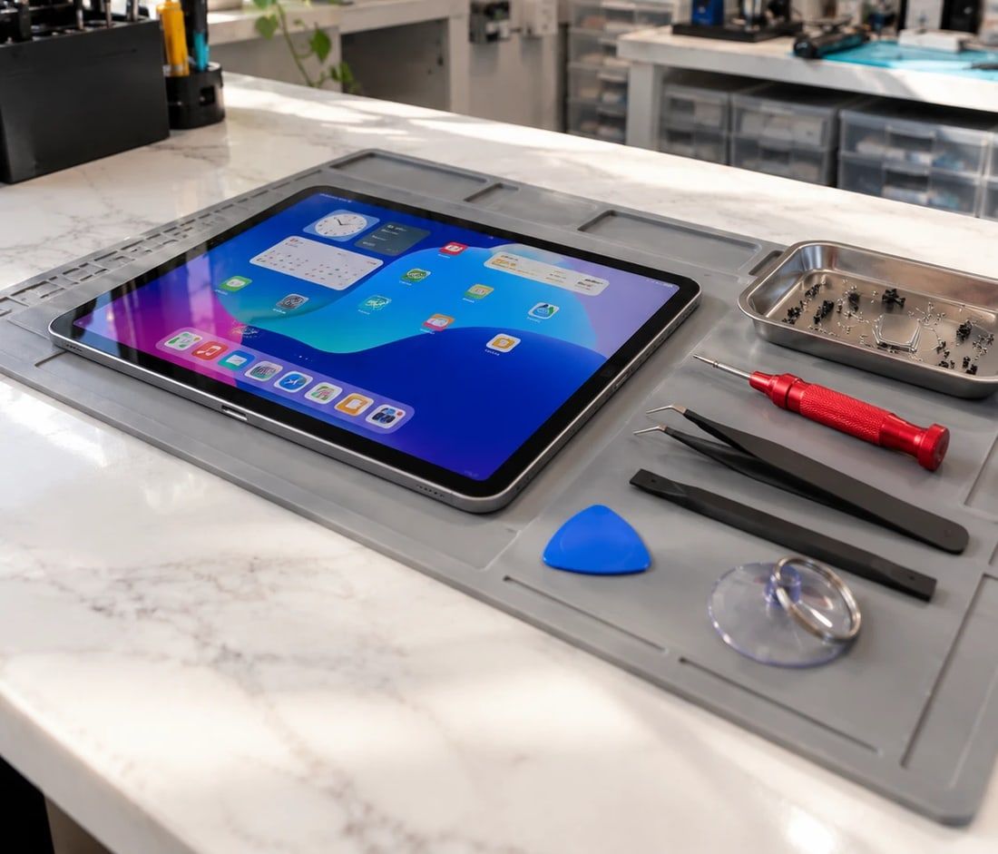 Tablette posée sur un tapis d'atelier avec tournevis, pinces, spatule et ventouse de réparation